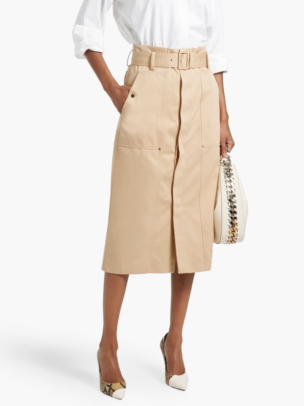 NWT A.L.C. Belted Cotton-Twill Midi Skirt in Latte Size 8